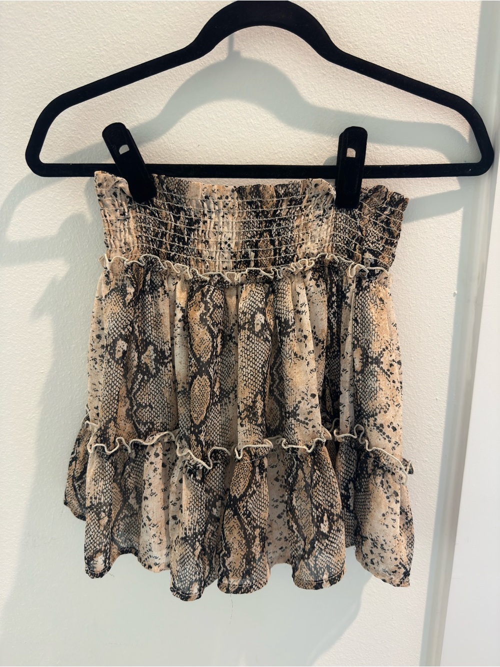 Altar’d State Tiered Snake Print Mini Skirt in Beige and Black